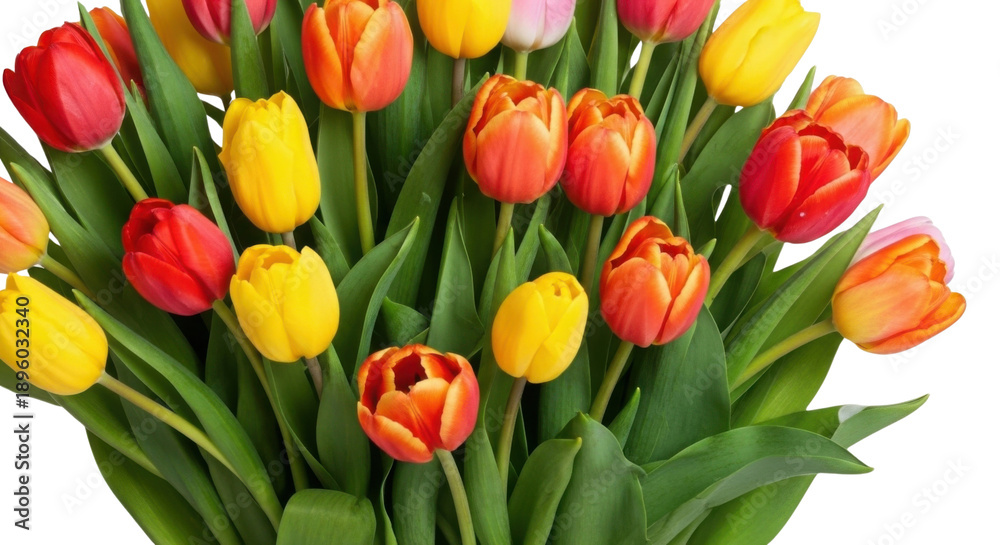 Fototapeta premium Vibrant tulip bouquet with colorful spring flowers, fresh red yellow and orange tulips, blooming floral arrangement for Mother's Day and Easter isolated PNG with Transparent Background