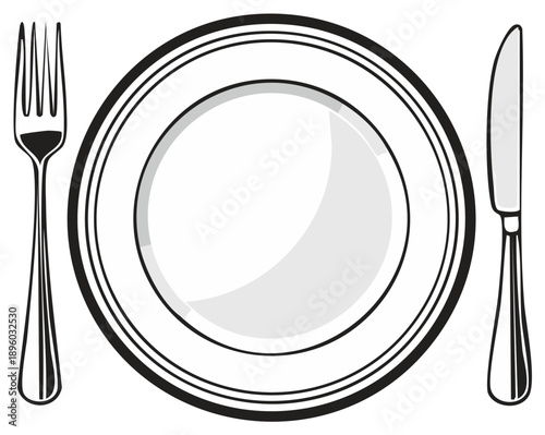 Illustration of an empty plate with a fork and knife on both sides of plate as design elements.