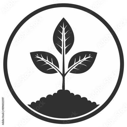 Seedling in soil emblem, new growth icon, small plant in a round frame, beginning of life symbol, gardening sprout sign, agriculture illustration