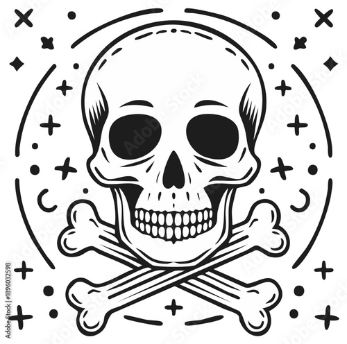 Line Art Skull and Crossbones with Stars and Circles Graphic Illustration