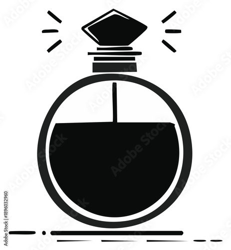 Black and white perfume bottle icon with geometric stopper and radiant lines