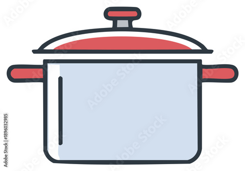 Simple illustration of a light blue cooking pot with red handles and lid