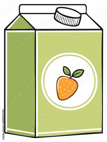 Cartoon style green juice or milk carton featuring a fresh strawberry illustration