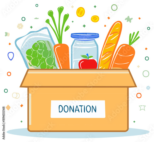 Cardboard donation box overflowing with fresh groceries, vegetables, fruit, bread, and jar, symbolizing charity and aid.