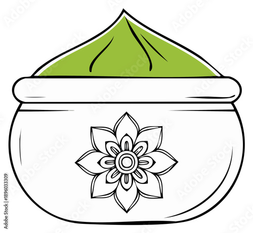 Stylized Bowl with Green Substance and Floral Decoration