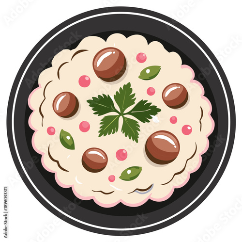 Illustrated dish of risotto with meatballs and herbs in a black bowl