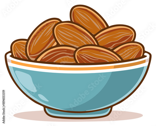 A blue bowl full of sweet dried dates vector illustration for healthy eating and snacking