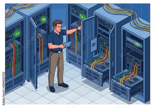 Technician inspecting server racks in a data center environment