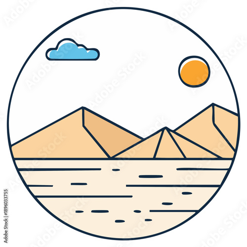 Egyptian Pyramids Landscape in Circle Frame with Cloud and Sun Flat Vector Illustration