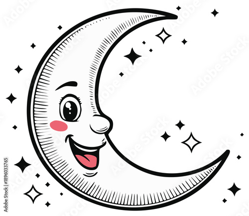 Smiling crescent moon with stars, illustration of a cheerful celestial body with a face, cartoon style.