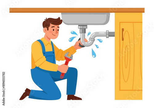 Plumber repairing a leaky pipe under the kitchen sink with a wrench