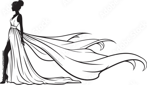 Elegant Woman Silhouette in Flowing Gown with Dramatic Train dress