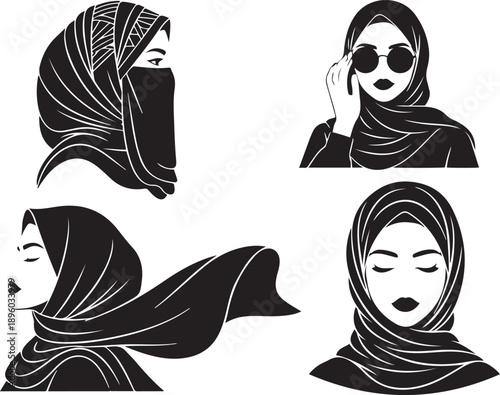 Four Black and White Silhouettes of Women Wearing Hijabs and Niqabs vector illustration