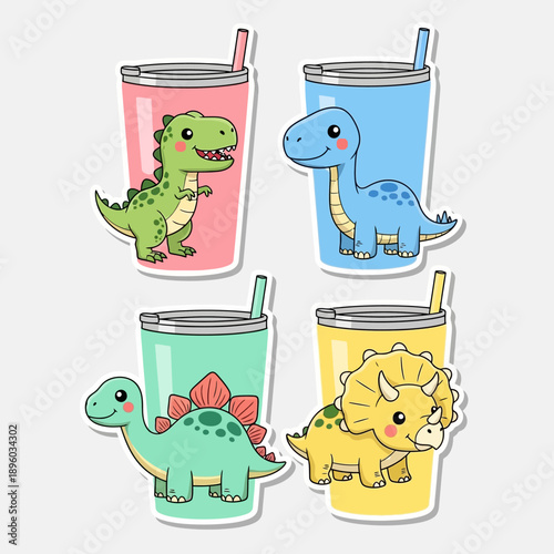 Colorful dinosaur illustrations on tumblers viewed from the front against a clean background kids tumbler