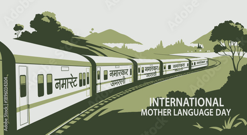 Indian train traveling through scenic landscape.