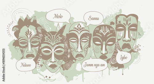 African tribal masks with speech bubbles.