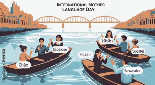 People from different cultures on boats celebrating International Mother Language Day.