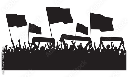 Silhouette crowd of people with flags and banners, protesting or celebrating