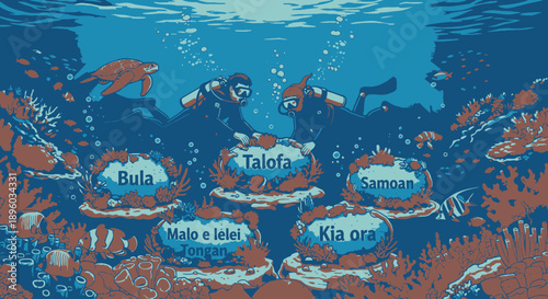 Greetings from various cultures underwater scene.