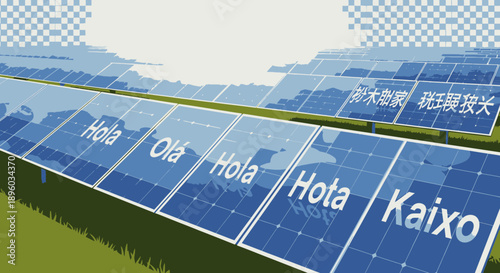 Hello greetings in different languages on solar panels.
