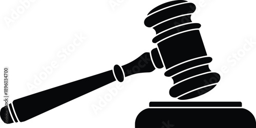 Judge gavel silhouette symbolizing justice and law, black and white legal concept, courtroom decision, authority, auction hammer, minimal vector illustration