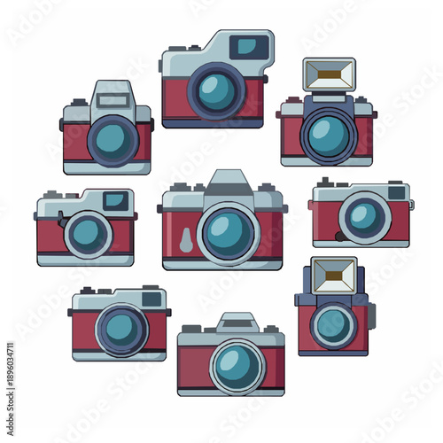 Colorful cartoon vintage cameras arranged in circle vector illustration