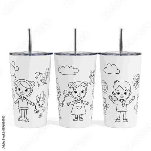 Three white tumblers with cartoon children and animals illustrations in a row on a white background kids tumbler