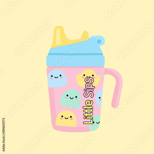 A cute pink sippy cup with a handle, featuring colorful smiling cloud designs.