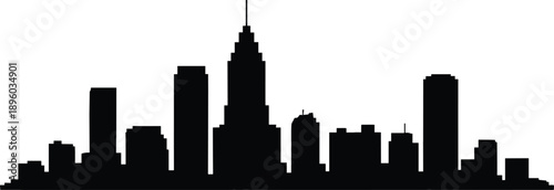 New York City skyline silhouette, black and white urban cityscape, modern skyscrapers, iconic architecture, downtown panorama, minimal vector style illustration