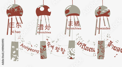 Asian inspired wind chime design elements.