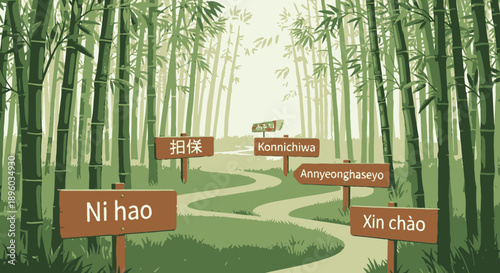 A serene forest path with international welcome signs.