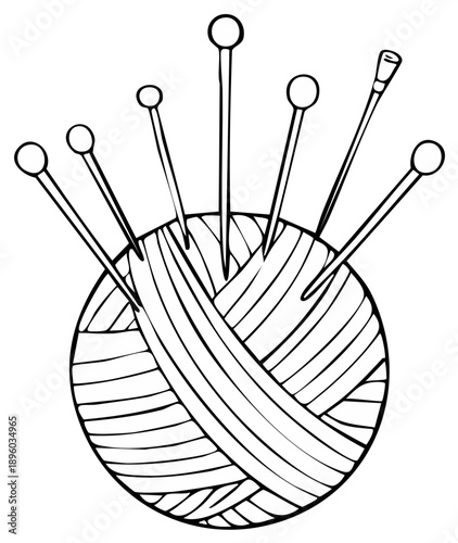 Knitting Yarn Ball with Needles in Outline Style Crafting Concept Hand Made Goods Hobby
