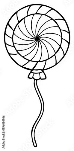 Graphic lollipop drawing features black and white circular candy on a stick, sweet confection