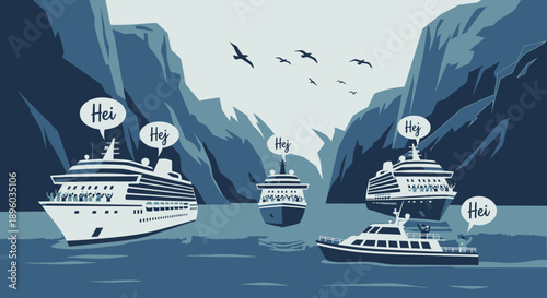 Cruise ships and boats in fjord landscape.