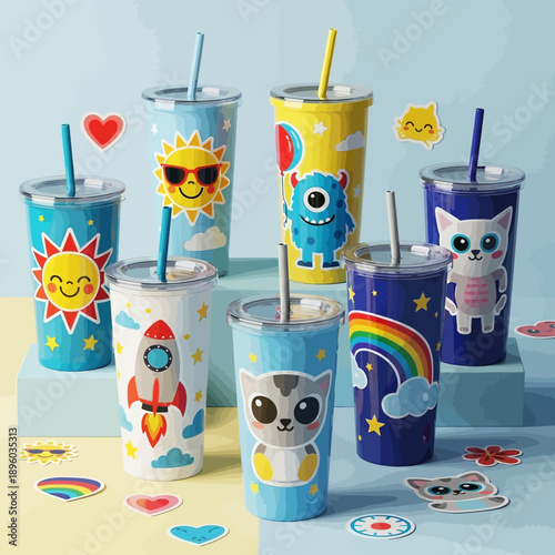 Collection of decorative tumblers with cartoon characters and colorful designs on pastel blue background from a slightly elevated viewpoint kids tumbler