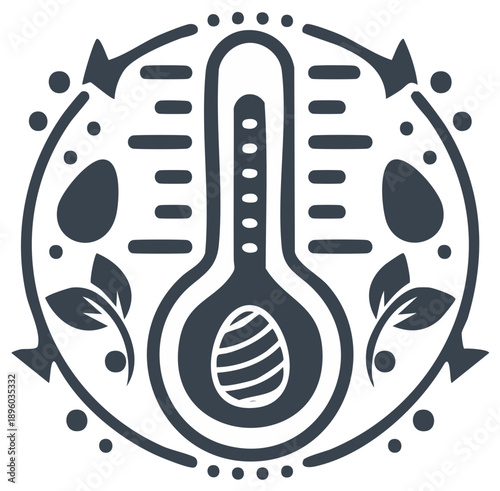 Thermometer with Egg and Plant Elements Symbolizing Growth and Climate Control