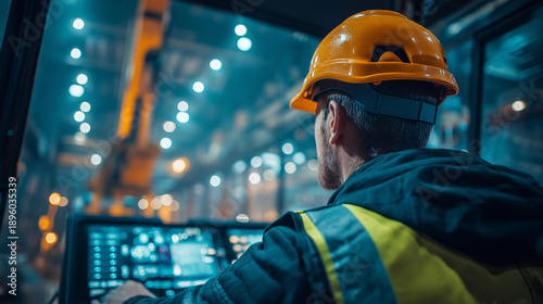 Middle-aged worker in PPE operating crane controls at loading dock, industrial facility, over-shoulder view, cool corporate lighting, documentary style, crane operation control, PPE safety compliance