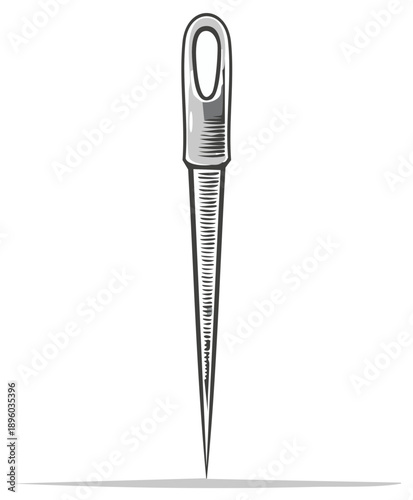 Vintage hand-drawn illustration of a sewing needle with a large eye and sharp point, isolated on white