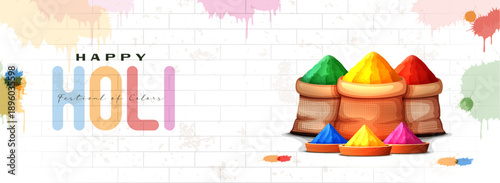 holi creative cover banner with gulal powders and colorful color splash on white textured background