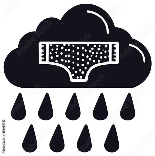 Symbolic illustration of menstruation with a dark raining cloud and dotted panties.