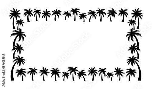 Hand-drawn palm tree border vector frame with black silhouettes isolated on white