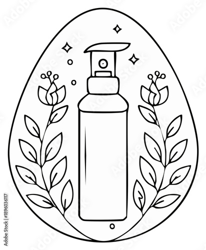 Outline Illustration of a Bottle with Sprayer and Flowers in an Egg Shape for Cosmetic or Hygiene Products