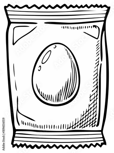 Hand drawn outline illustration of a single egg inside a sealed food packet or snack sachet