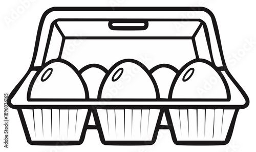 Egg carton illustration black and white outline containing six eggs in open container