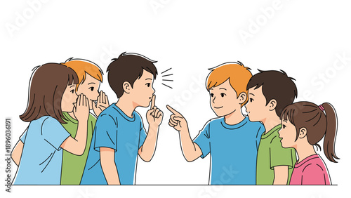 Group of curious children share a secret and whisper to each other while one boy puts his finger to his lips to signal silence.