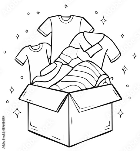 Line Art of Open Box Full of Folded Apparel for Donation or Thrift Store