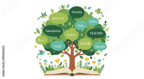 Illustration of tree growing from book with labeled leaves.