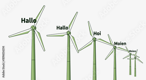 Green wind turbines with greetings in different languages.