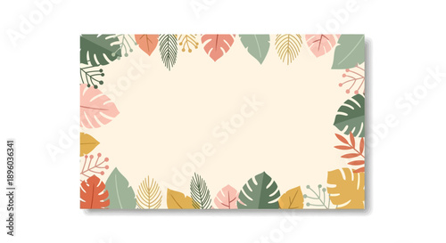 A decorative frame featuring colorful leaves and plants adornment around a blank space