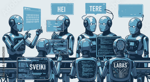 Robots working at computer desks with speech bubbles.